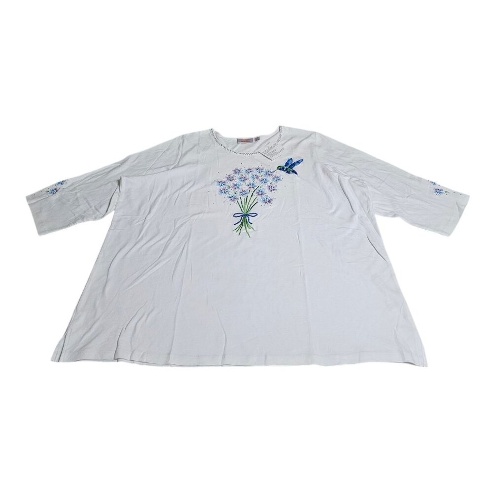NWT‎ Quacker Factory Embroidered Beaded Hummingbird Flowers White Top 3X Sequin